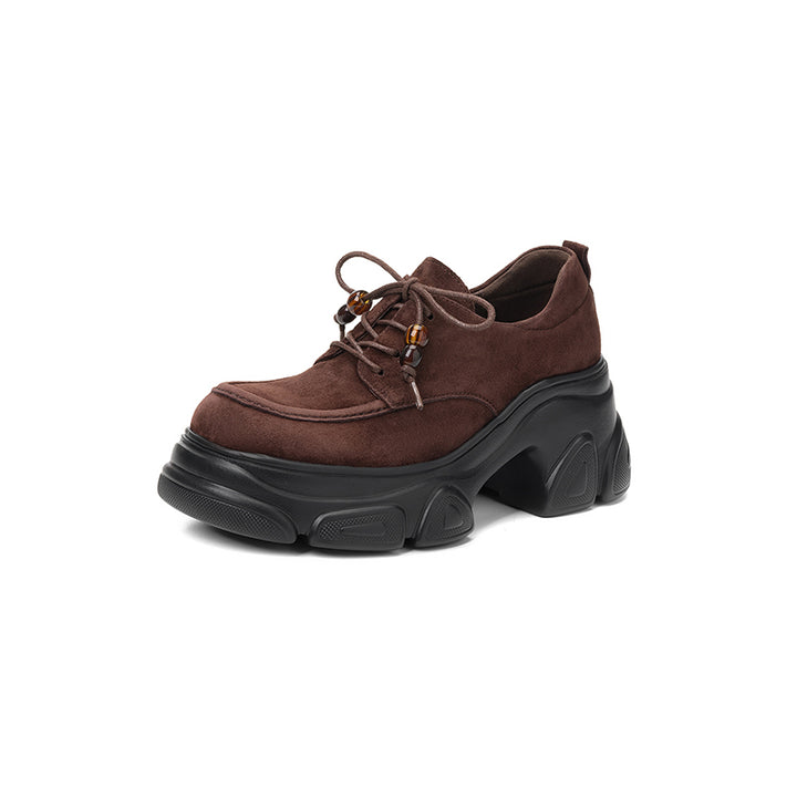 Chaussures Oxford à plateforme épaisse de 75 mm pour femmes, à lacets, en daim de peau de mouton, décontractées, en noir/marron