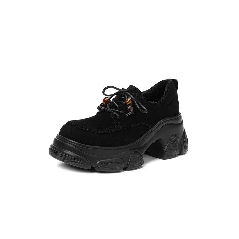 Chaussures Oxford à plateforme épaisse de 75 mm pour femmes, à lacets, en daim de peau de mouton, décontractées, en noir/marron