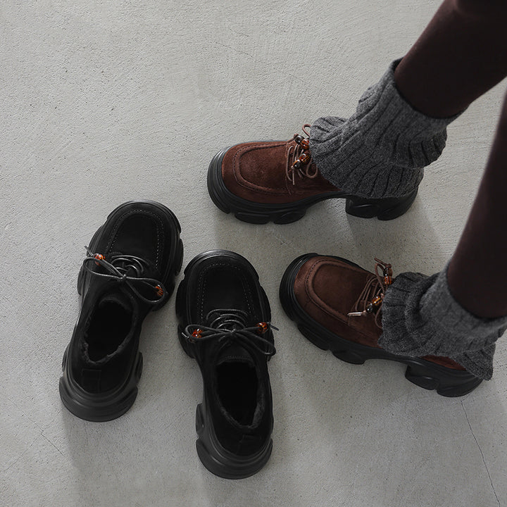 Chaussures Oxford à plateforme épaisse de 75 mm pour femmes, à lacets, en daim de peau de mouton, décontractées, en noir/marron