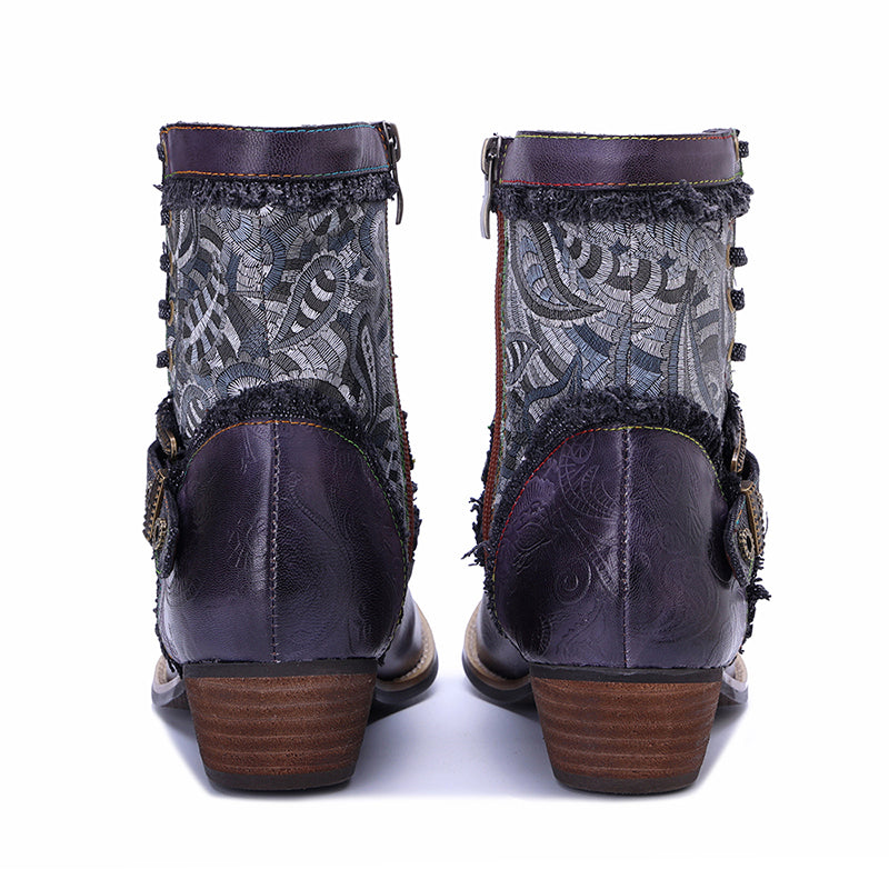 Bottines à lacets de cowboy avec boucle, à zip sur le côté, vintage, faites à la main, en bleu foncé