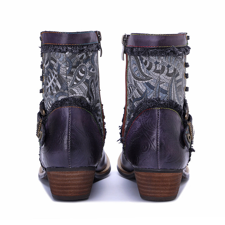 Bottines à lacets de cowboy avec boucle, à zip sur le côté, vintage, faites à la main, en bleu foncé