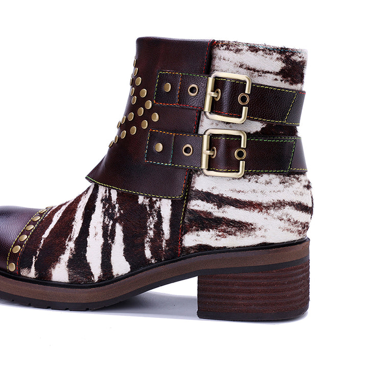 Bottines à zip sur le côté, vintage, faites à la main, avec boucle, cloutées, pour femmes, en café