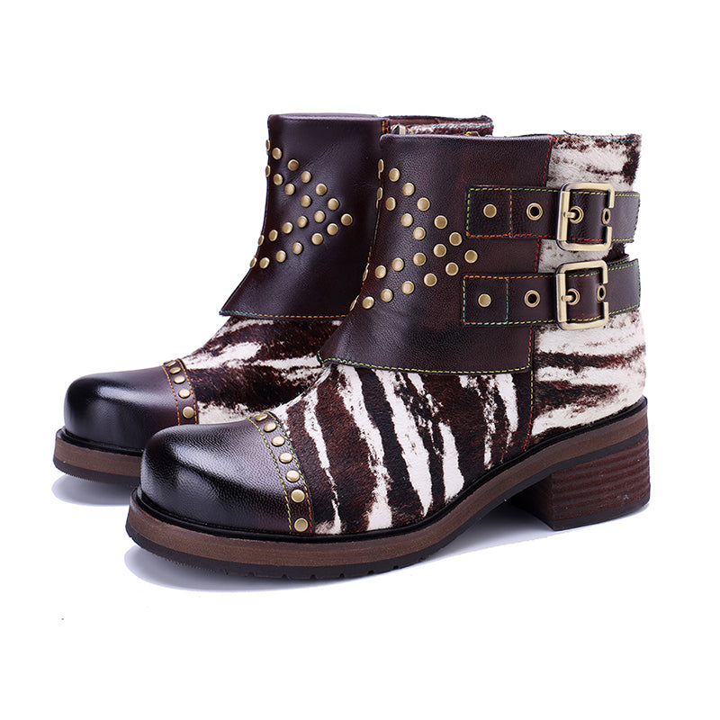 Bottines à zip sur le côté, vintage, faites à la main, avec boucle, cloutées, pour femmes, en café