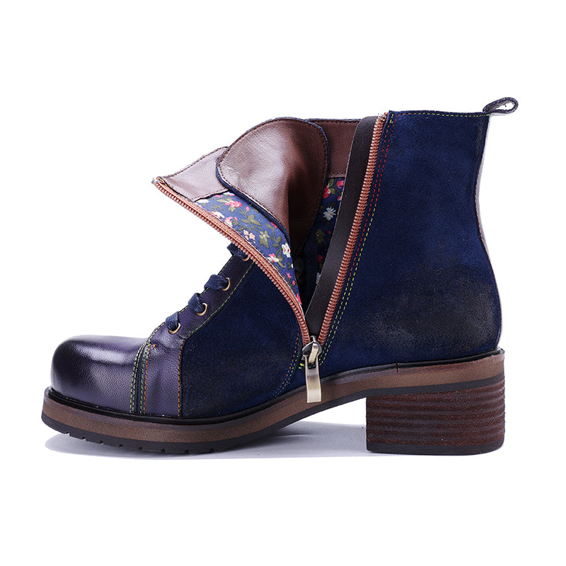 Handmade Bohemian Vintage Lace-Up Ankle Boots for Women Side Zip Studded Short Boots in Dark Blue