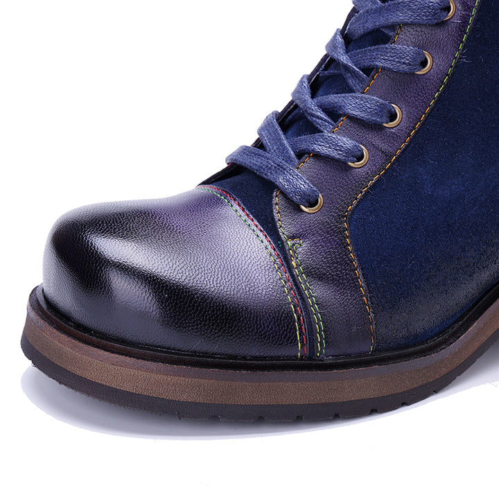Handmade Bohemian Vintage Lace-Up Ankle Boots for Women Side Zip Studded Short Boots in Dark Blue