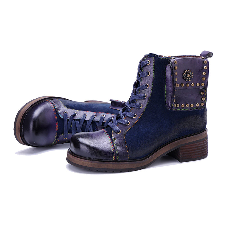Handmade Bohemian Vintage Lace-Up Ankle Boots for Women Side Zip Studded Short Boots in Dark Blue