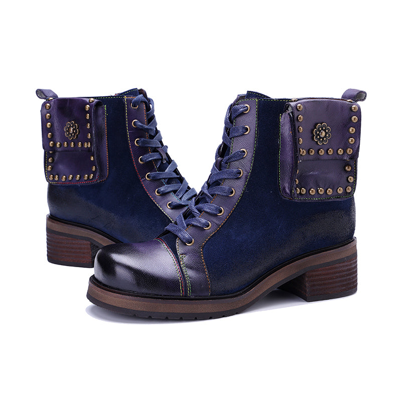 Handmade Bohemian Vintage Lace-Up Ankle Boots for Women Side Zip Studded Short Boots in Dark Blue