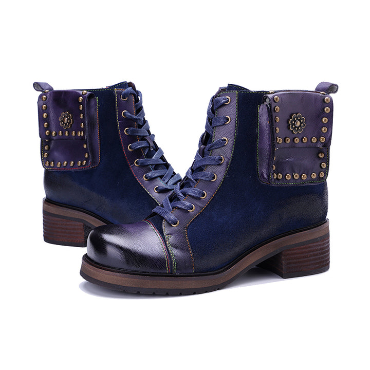Handmade Bohemian Vintage Lace-Up Ankle Boots for Women Side Zip Studded Short Boots in Dark Blue