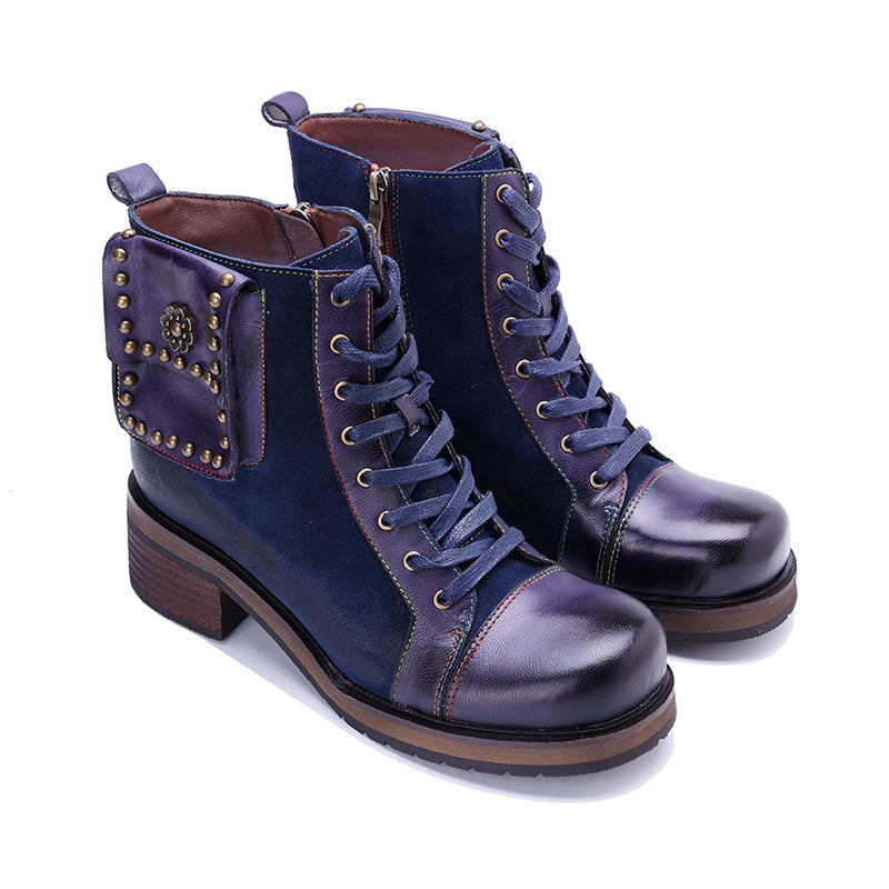 Handmade Bohemian Vintage Lace-Up Ankle Boots for Women Side Zip Studded Short Boots in Dark Blue