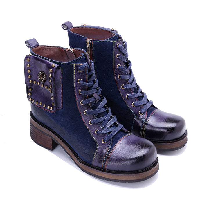 Handmade Bohemian Vintage Lace-Up Ankle Boots for Women Side Zip Studded Short Boots in Dark Blue