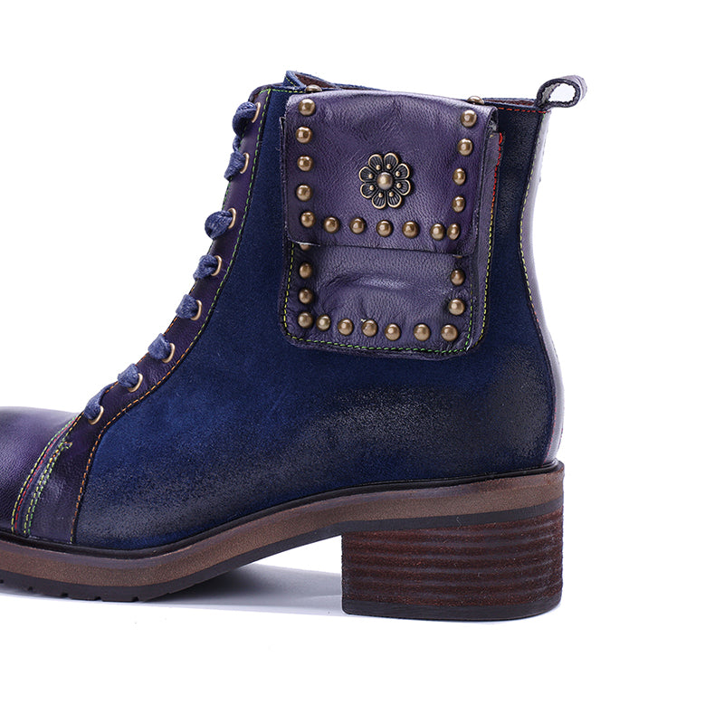 Handmade Bohemian Vintage Lace-Up Ankle Boots for Women Side Zip Studded Short Boots in Dark Blue