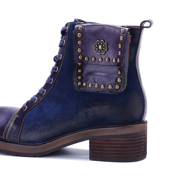 Handmade Bohemian Vintage Lace-Up Ankle Boots for Women Side Zip Studded Short Boots in Dark Blue