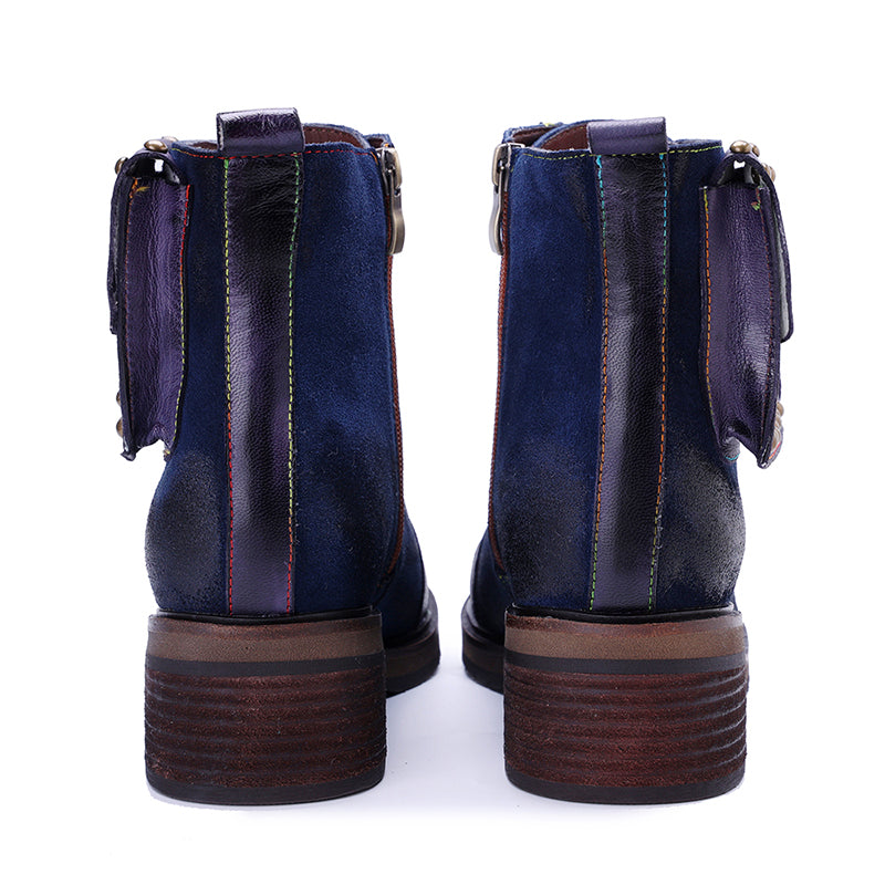 Handmade Bohemian Vintage Lace-Up Ankle Boots for Women Side Zip Studded Short Boots in Dark Blue
