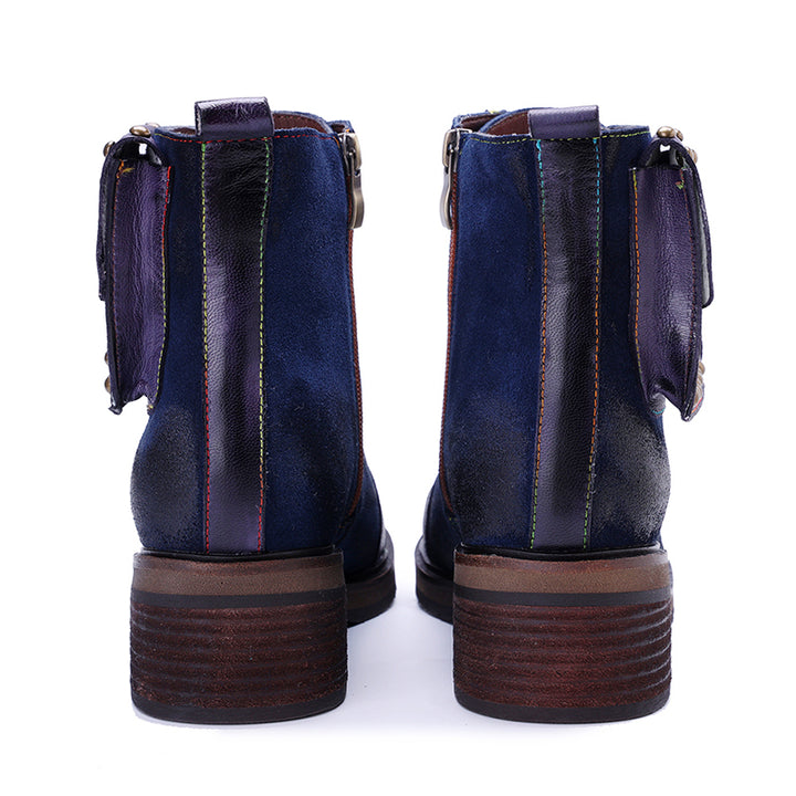 Handmade Bohemian Vintage Lace-Up Ankle Boots for Women Side Zip Studded Short Boots in Dark Blue