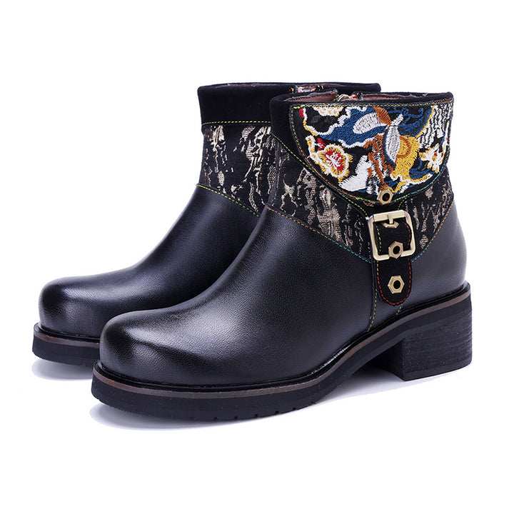 Vintage Bohemian Ankle Boots for Women Handmade Leather Side-Zip Designer Short Boots in Black