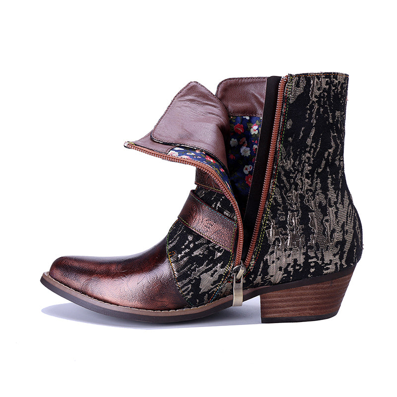 Bottines de cowboy à lacets vintage faites à la main pour femmes, avec triple boucle, à bout pointu, en bronze