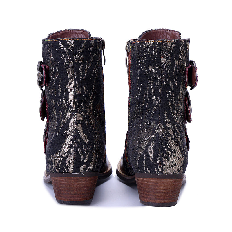 Bottines de cowboy à lacets vintage faites à la main pour femmes, avec triple boucle, à bout pointu, en bronze
