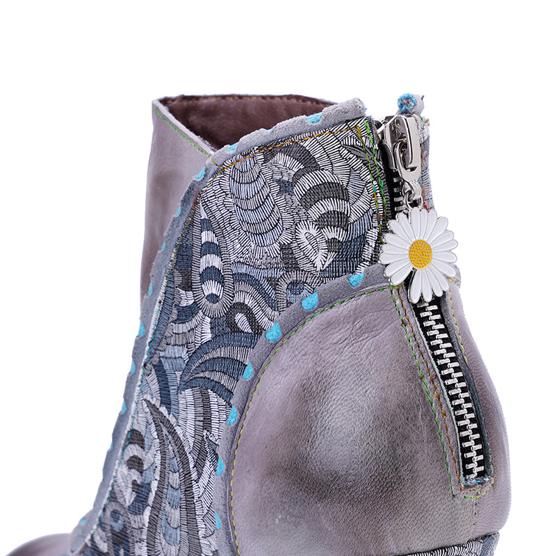 Vintage Bohemian Ankle Boots for Women Back Zip Designer Patchwork 78mm Heeled Boots in Grey
