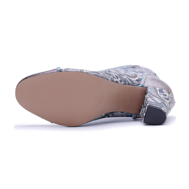 Vintage Bohemian Ankle Boots for Women Back Zip Designer Patchwork 78mm Heeled Boots in Grey