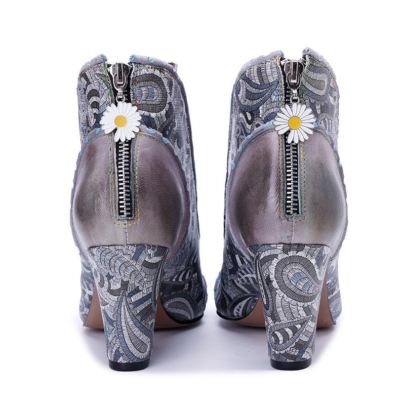 Vintage Bohemian Ankle Boots for Women Back Zip Designer Patchwork 78mm Heeled Boots in Grey