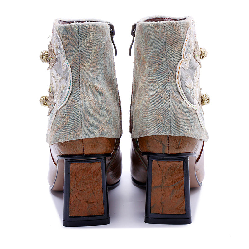 Bottines en cuir faites à la main pour femmes, avec détail nœud chinois, élégantes, à zip sur le côté, à talons, en marron
