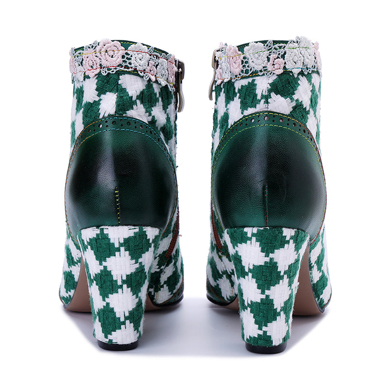 Bottines brogue vintage boho faites à la main pour femmes, à lacets, avec motif tissé, en vert