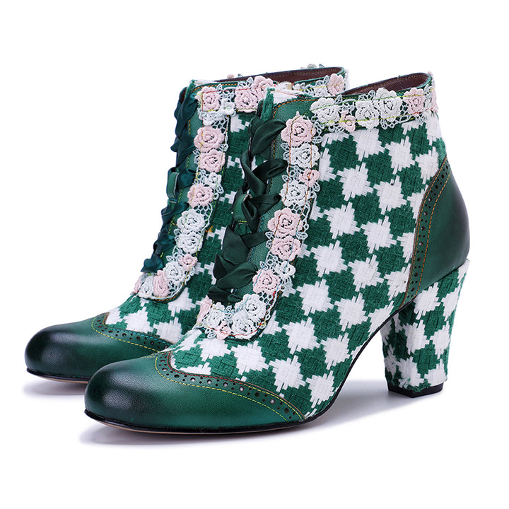 Bottines brogue vintage boho faites à la main pour femmes, à lacets, avec motif tissé, en vert