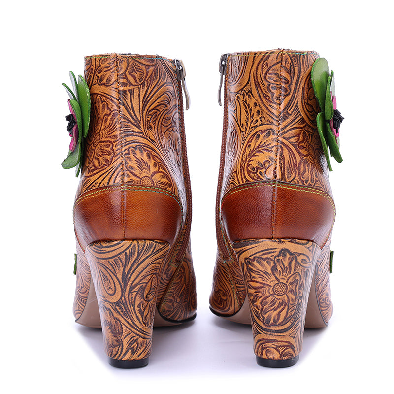 Vintage Bohemian Floral Ankle Boots for Women Handmade Designer 78mm Heeled Boots in Brown