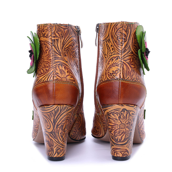 Vintage Bohemian Floral Ankle Boots for Women Handmade Designer 78mm Heeled Boots in Brown