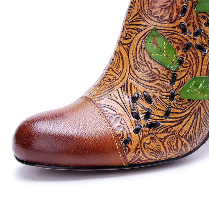 Vintage Bohemian Floral Ankle Boots for Women Handmade Designer 78mm Heeled Boots in Brown