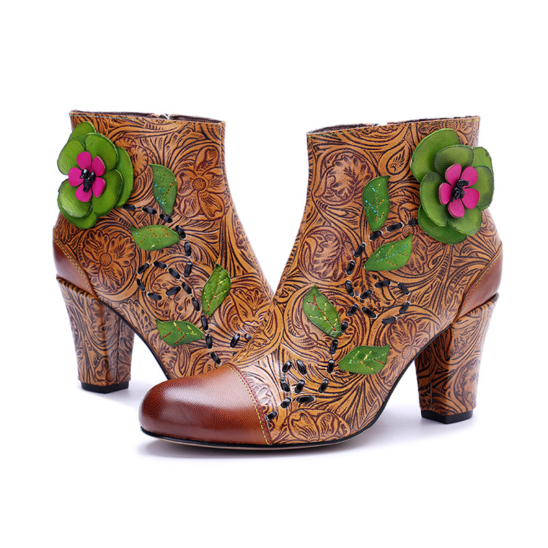 Vintage Bohemian Floral Ankle Boots for Women Handmade Designer 78mm Heeled Boots in Brown