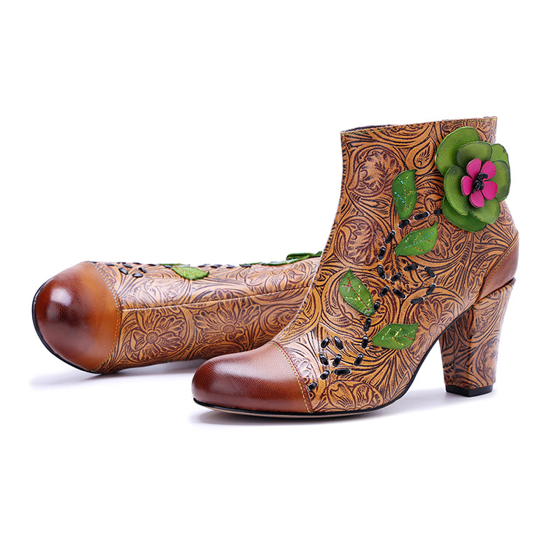 Vintage Bohemian Floral Ankle Boots for Women Handmade Designer 78mm Heeled Boots in Brown