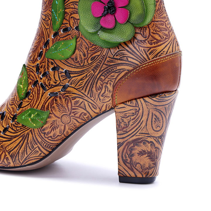 Vintage Bohemian Floral Ankle Boots for Women Handmade Designer 78mm Heeled Boots in Brown