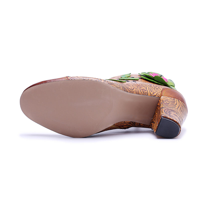 Vintage Bohemian Floral Ankle Boots for Women Handmade Designer 78mm Heeled Boots in Brown