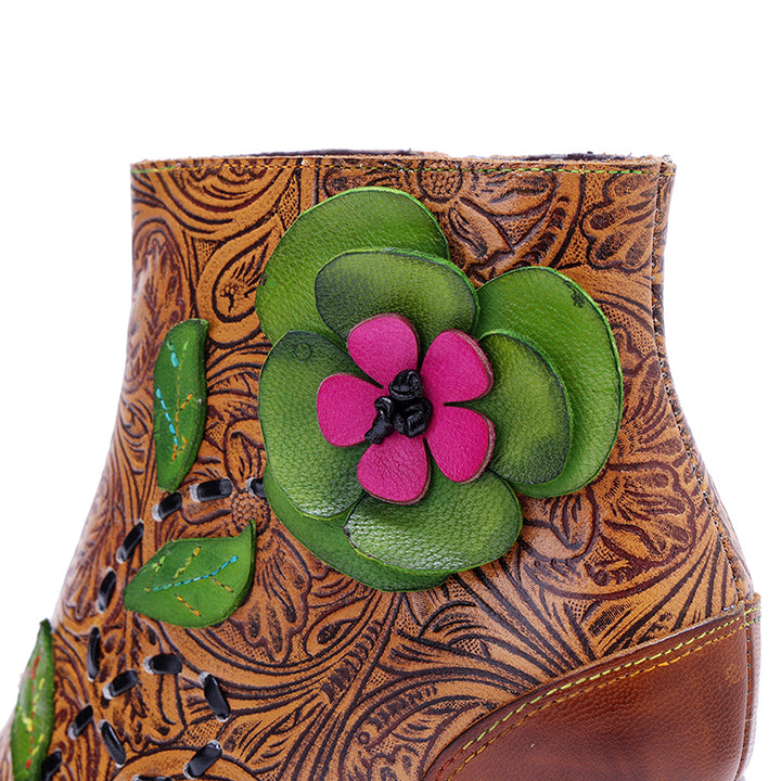 Vintage Bohemian Floral Ankle Boots for Women Handmade Designer 78mm Heeled Boots in Brown