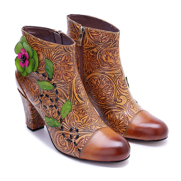 Vintage Bohemian Floral Ankle Boots for Women Handmade Designer 78mm Heeled Boots in Brown