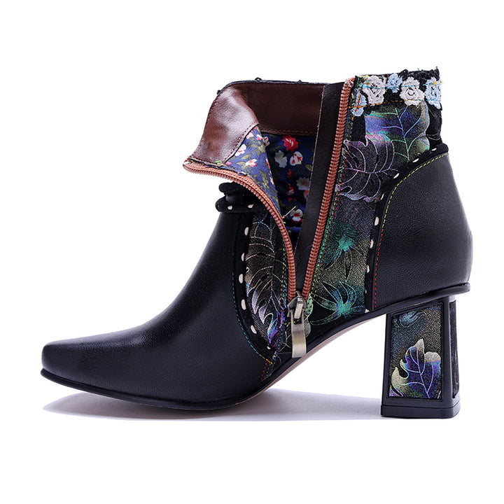 Bottines Ankle Bohémiennes Fait Main pour Femmes, Bottes Designer à Talon de 65 mm avec Fermeture Éclair sur le Côté en Noir