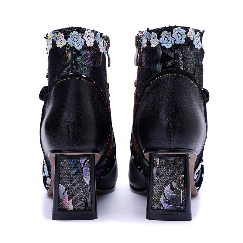 Bottines Ankle Bohémiennes Fait Main pour Femmes, Bottes Designer à Talon de 65 mm avec Fermeture Éclair sur le Côté en Noir
