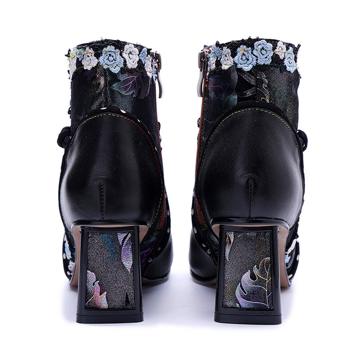 Bottines Ankle Bohémiennes Fait Main pour Femmes, Bottes Designer à Talon de 65 mm avec Fermeture Éclair sur le Côté en Noir