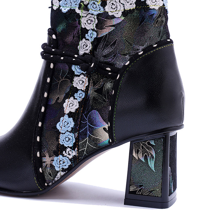 Bottines Ankle Bohémiennes Fait Main pour Femmes, Bottes Designer à Talon de 65 mm avec Fermeture Éclair sur le Côté en Noir