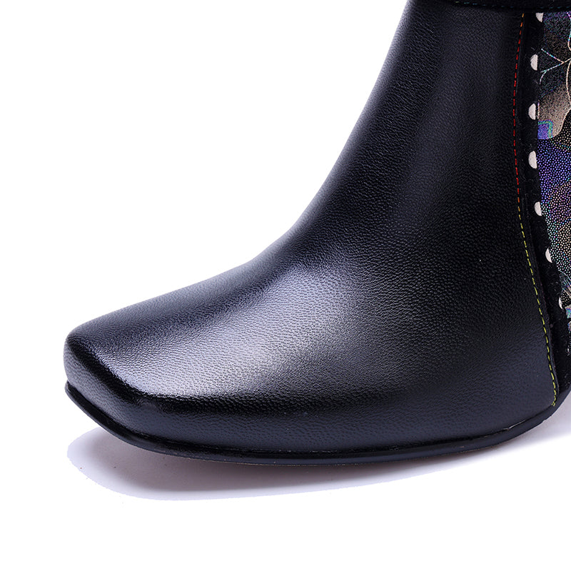 Bottines Ankle Bohémiennes Fait Main pour Femmes, Bottes Designer à Talon de 65 mm avec Fermeture Éclair sur le Côté en Noir