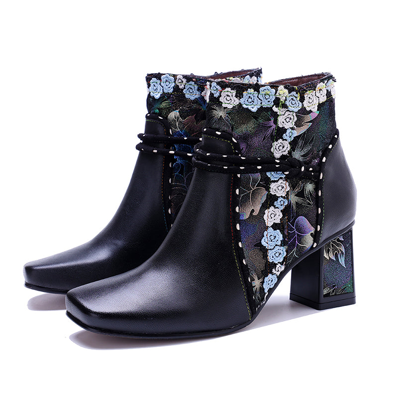 Bottines Ankle Bohémiennes Fait Main pour Femmes, Bottes Designer à Talon de 65 mm avec Fermeture Éclair sur le Côté en Noir