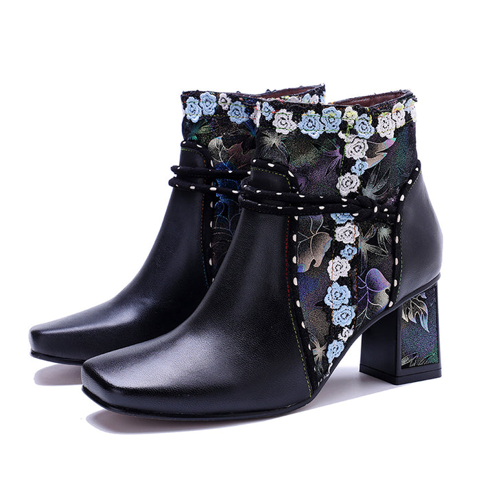 Bottines Ankle Bohémiennes Fait Main pour Femmes, Bottes Designer à Talon de 65 mm avec Fermeture Éclair sur le Côté en Noir