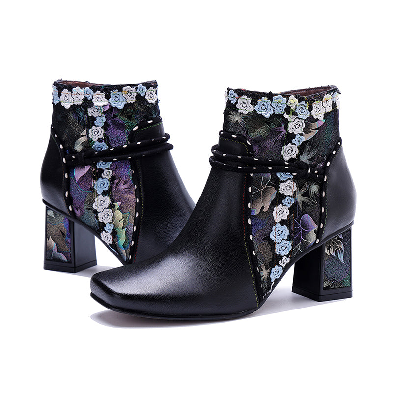 Bottines Ankle Bohémiennes Fait Main pour Femmes, Bottes Designer à Talon de 65 mm avec Fermeture Éclair sur le Côté en Noir