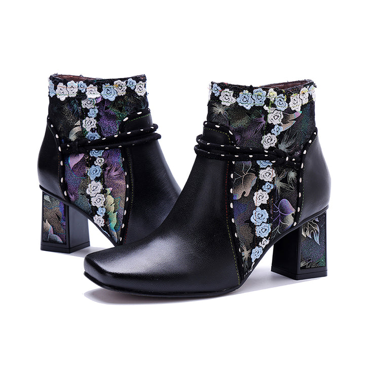 Bottines Ankle Bohémiennes Fait Main pour Femmes, Bottes Designer à Talon de 65 mm avec Fermeture Éclair sur le Côté en Noir
