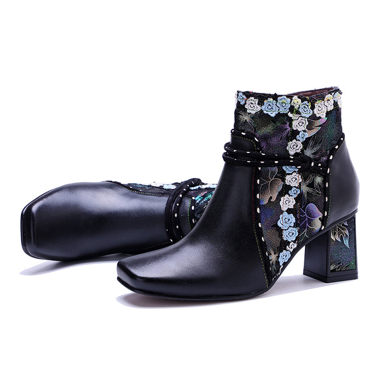 Bottines Ankle Bohémiennes Fait Main pour Femmes, Bottes Designer à Talon de 65 mm avec Fermeture Éclair sur le Côté en Noir