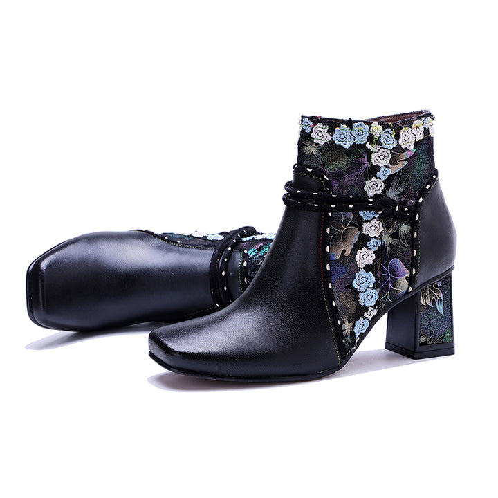Bottines Ankle Bohémiennes Fait Main pour Femmes, Bottes Designer à Talon de 65 mm avec Fermeture Éclair sur le Côté en Noir