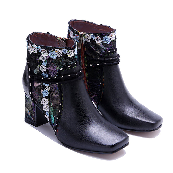 Bottines Ankle Bohémiennes Fait Main pour Femmes, Bottes Designer à Talon de 65 mm avec Fermeture Éclair sur le Côté en Noir