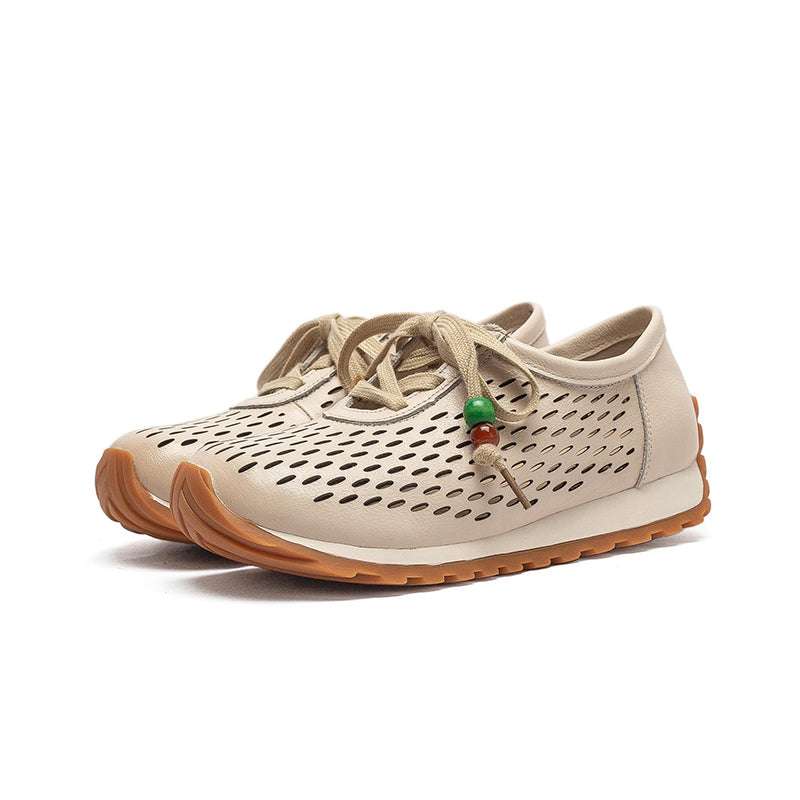 Baskets en Cuir Perforé pour Femmes, Chaussures de Marche Respirantes à Lacets d&
