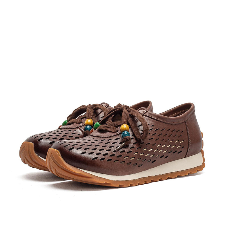 Baskets en Cuir Perforé pour Femmes, Chaussures de Marche Respirantes à Lacets d&